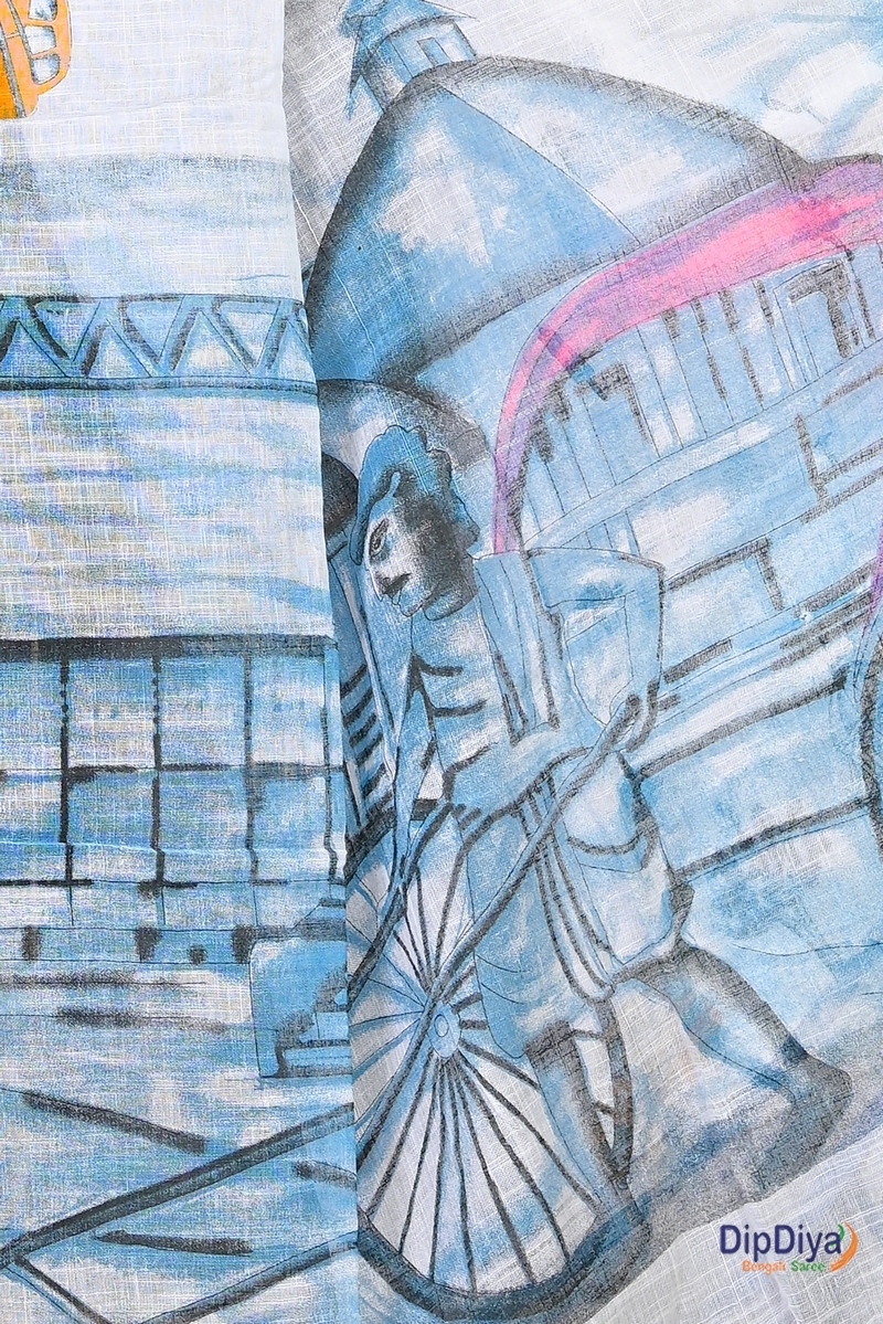 White Blue Pure Cotton Soher Printed Handloom Saree (607)